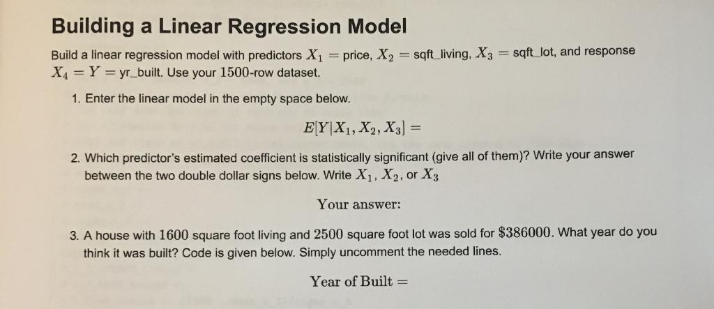 Building a Linear Regression Model Build a linear | Chegg.com