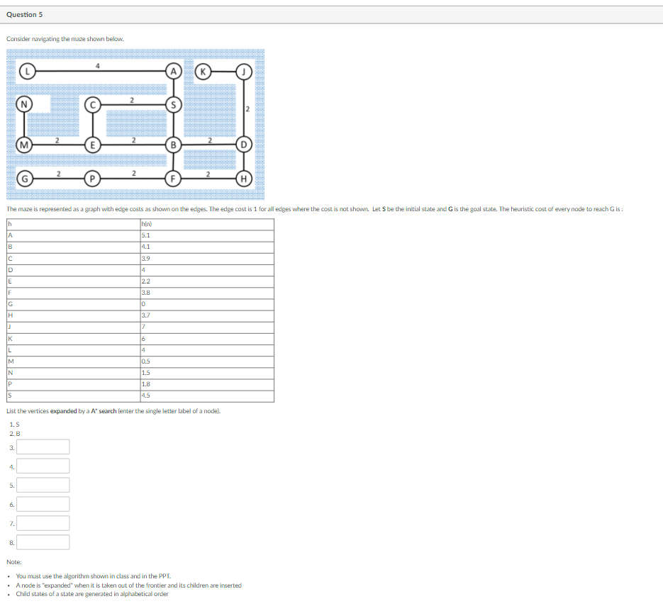 Question 4 The number of nodes expanded during the | Chegg.com