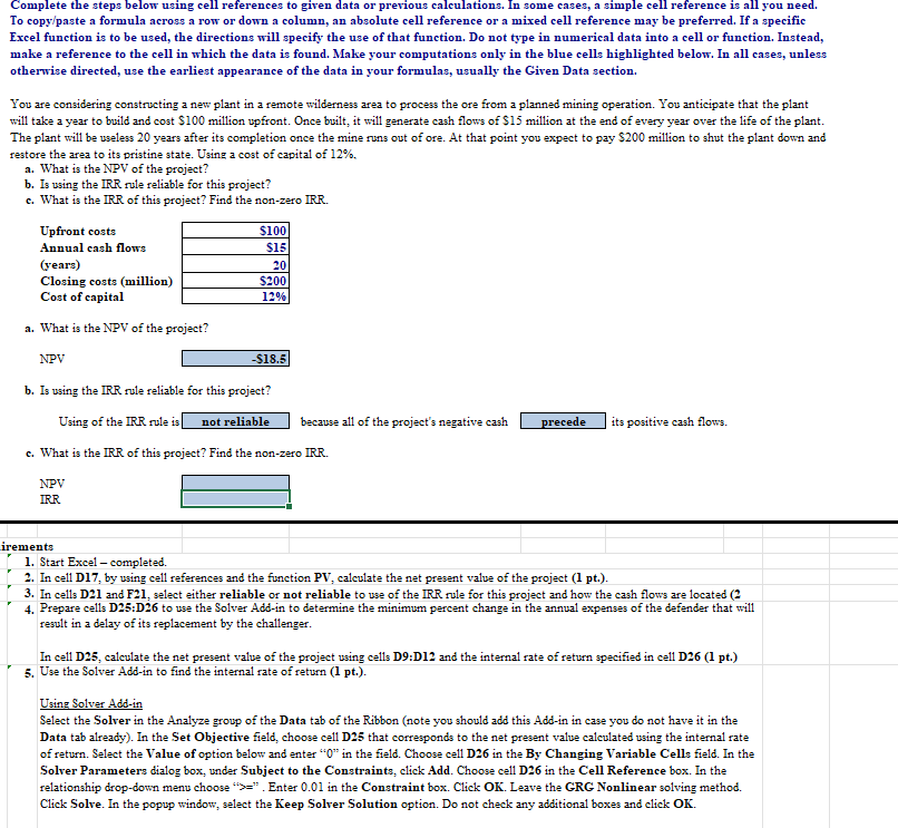Solved Complete the steps below using cell references to | Chegg.com