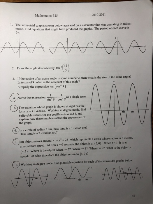 Solved Mathematics 325 2010-2011 1. The sinusoidal graphs | Chegg.com