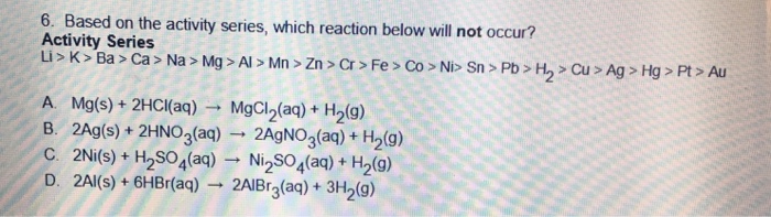 Solved 6. Based on the activity series, which reaction below | Chegg.com