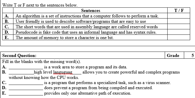 Solved T/F Write T or F next to the sentences below. | Chegg.com