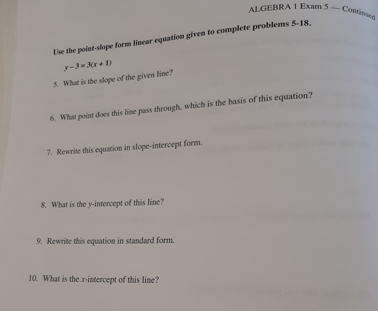 Solved: 5-Con ... Point-slope Continued Use ALGEBRA Exam 1 The