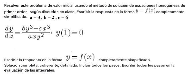 Resolver este problema de valor inicial usando el métoda de solución de ecuaciones homogéneas de primer orden, según discutid