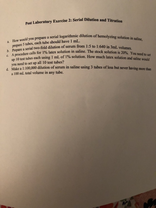 Solved Post Laboratory Exercise 2 Serial Dilution and