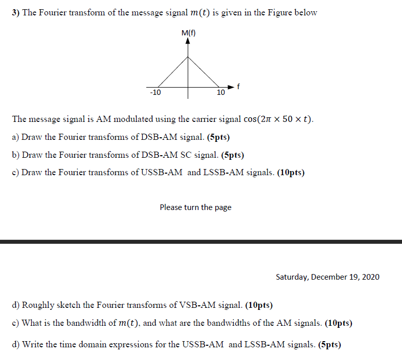 Solved 3) The Fourier transform of the message signal m(t) | Chegg.com