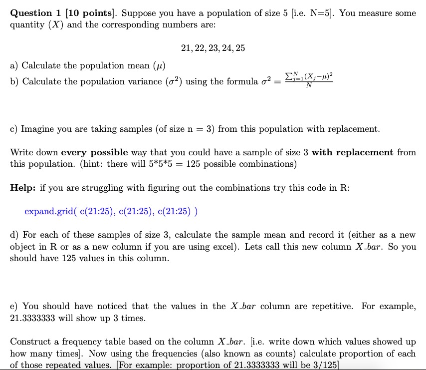 Solved Question 1 (10 points). Suppose you have a population | Chegg.com