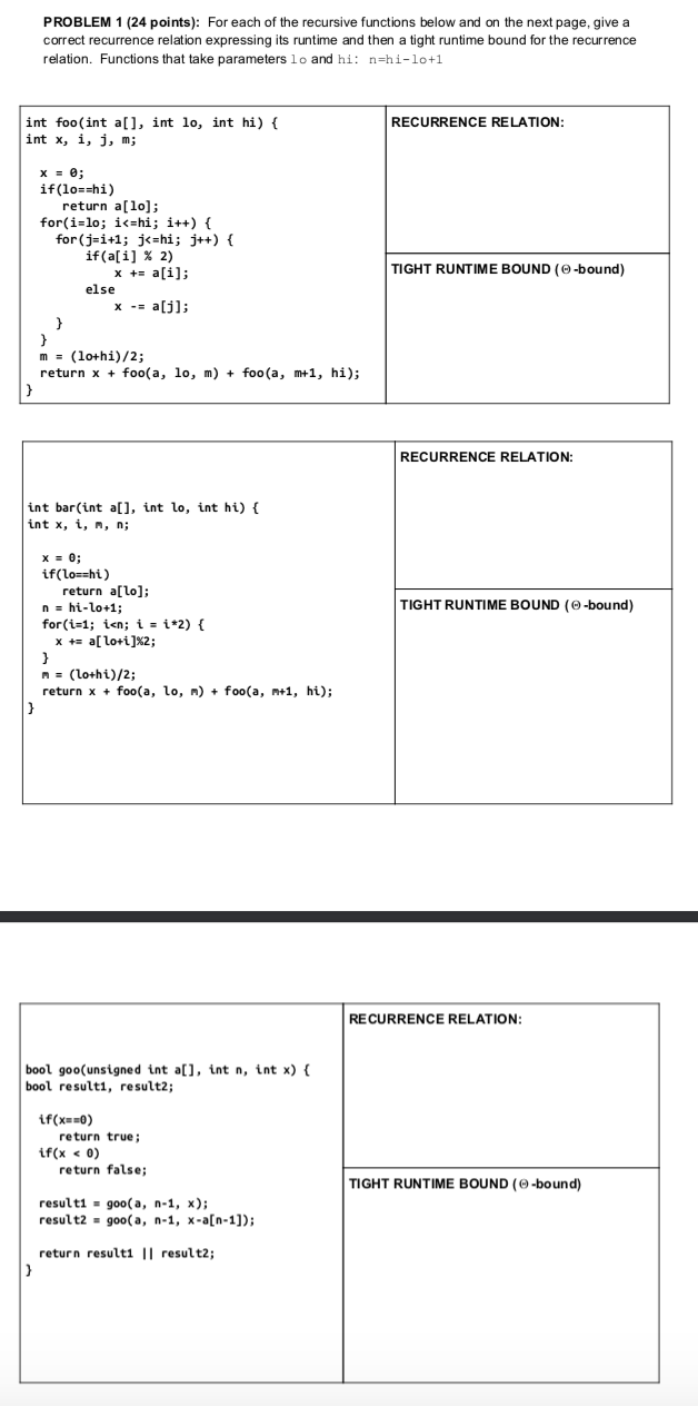 Solved PROBLEM 1 (24 points): For each of the recursive | Chegg.com
