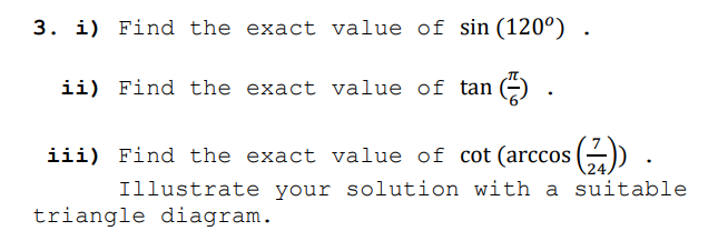 find the exact value of sin 120o