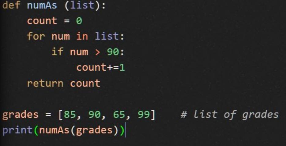 Solved def numAs ( list): count = 0 for num in list: if num | Chegg.com