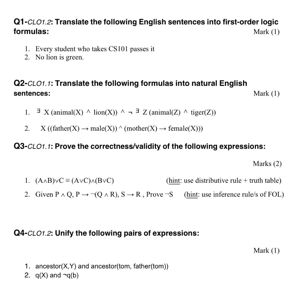 Solved Q1-CLO1.2: Translate The Following English Sentences | Chegg.com