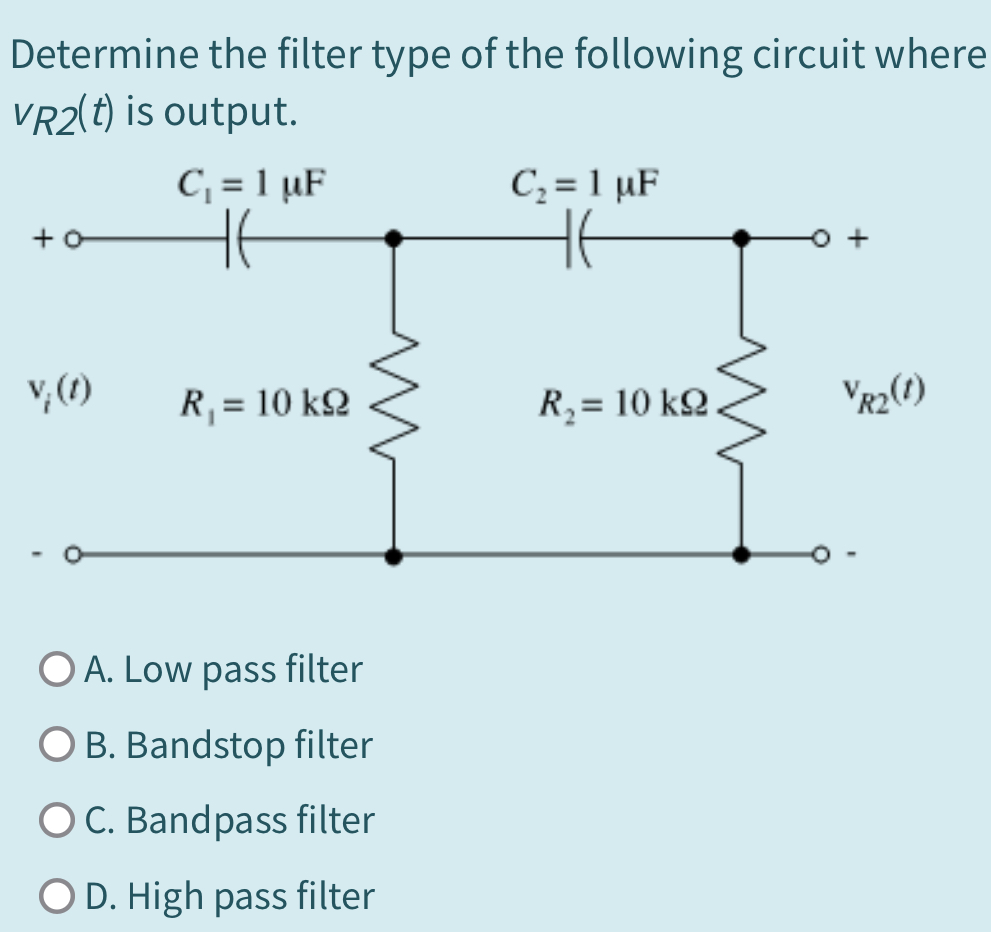 Solved Determine the filter type of the following circuit | Chegg.com