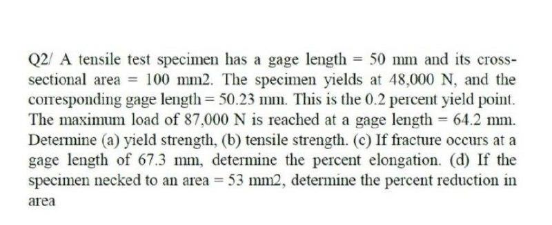 Solved Q2/ A tensile test specimen has a gage length 50 mm | Chegg.com