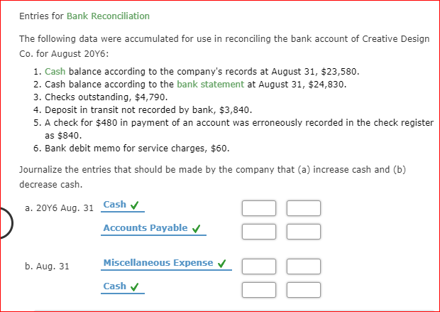 Solved Entries For Bank Reconciliation The Following Data | Chegg.com