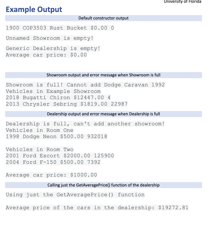 Example Output
1900 COP3503 Rust Bucket \( \$ 0.000 \)
Unnamed Showroom is empty!
Generic Dealership is empty!
Average car pr
