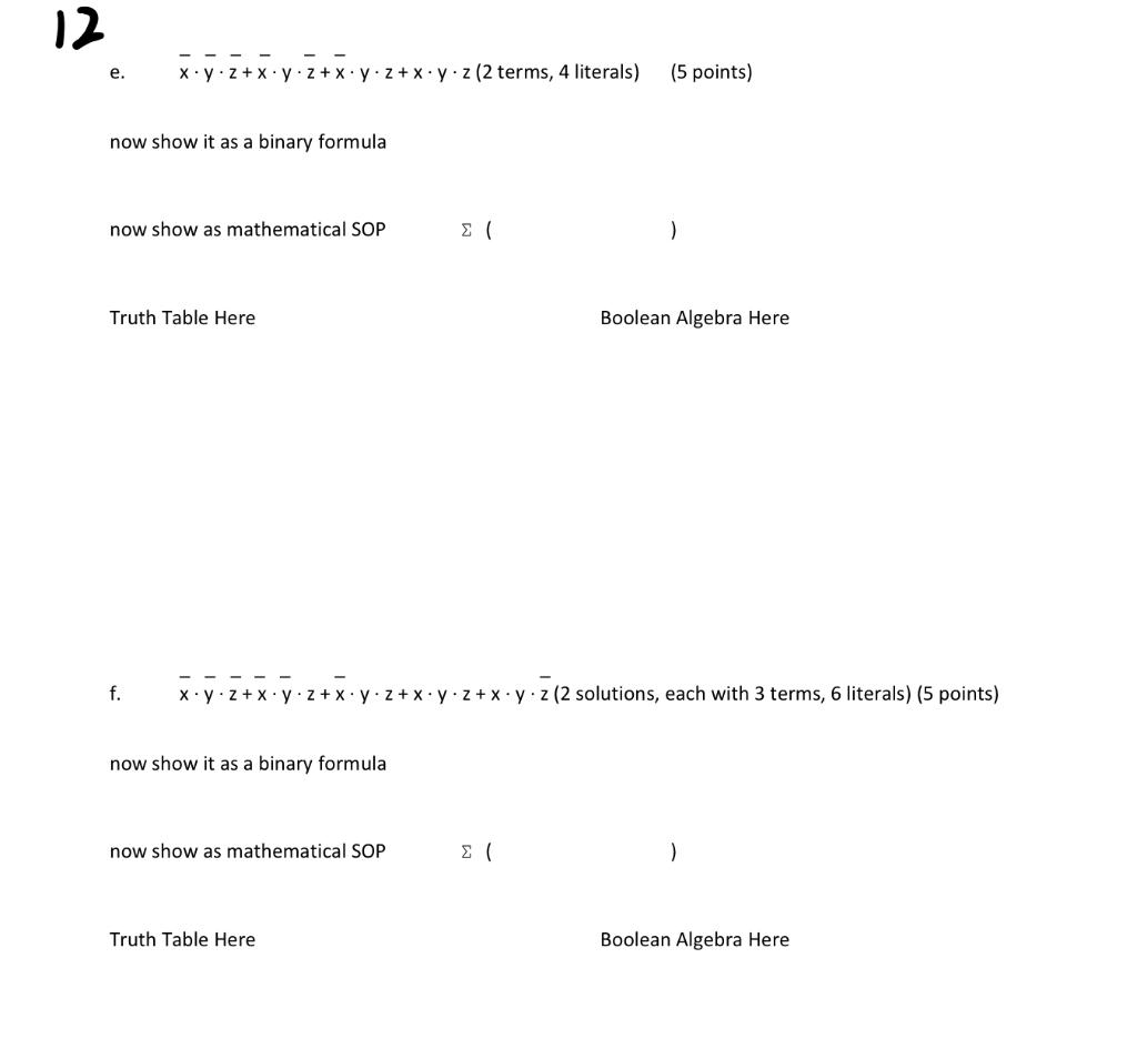 Solved 12 E Xyz Xyz Xy2 Xyz 2 Terms 4 Literals 5 Chegg Com