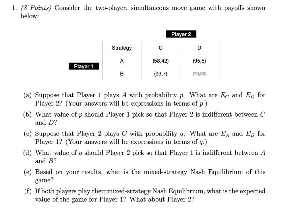 Exercise 1. Suppose that player 1 and player 2