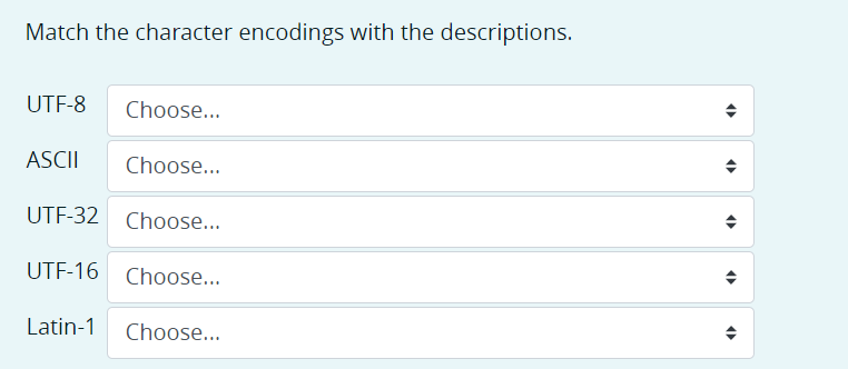 Match the character encodings with the descriptions.
UTF-i
ASCII
UTF-32
UTF-16
Latin-1