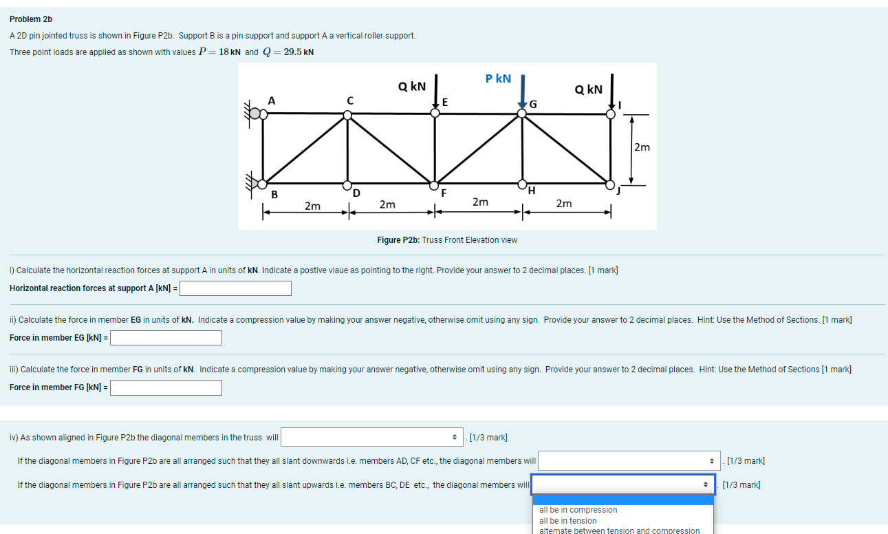 A 2D pin jointed truss is shown in Figure P2b. Support B is a pin support and support A a vertical roller support.
Three poin