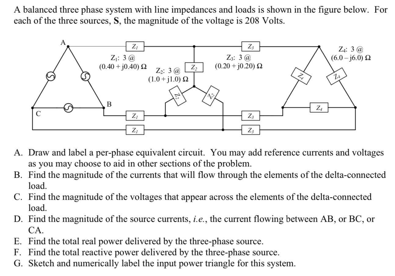 Solved A balanced three phase system with line impedances | Chegg.com