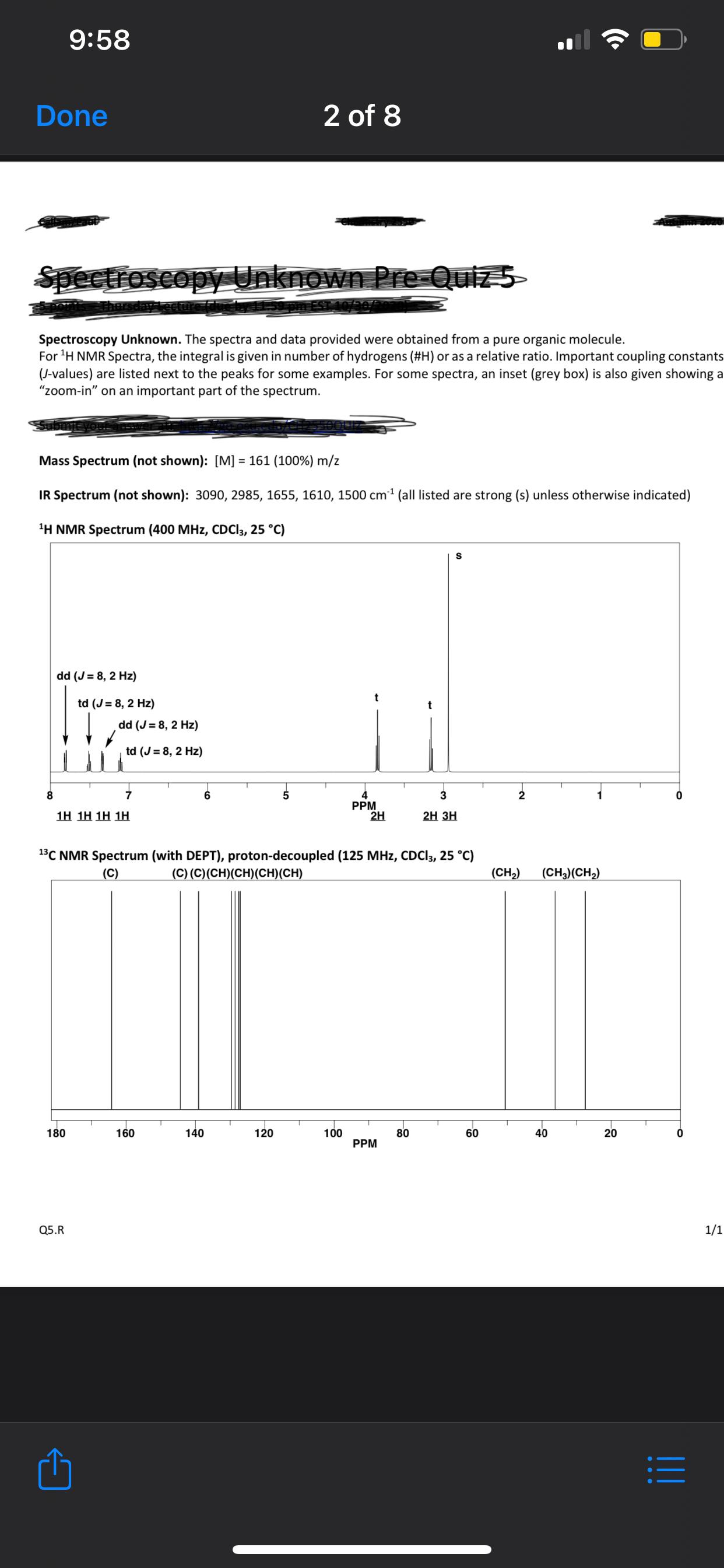 958 Done 2 of 8 Spectroscopy Unknown PreQuiz 5