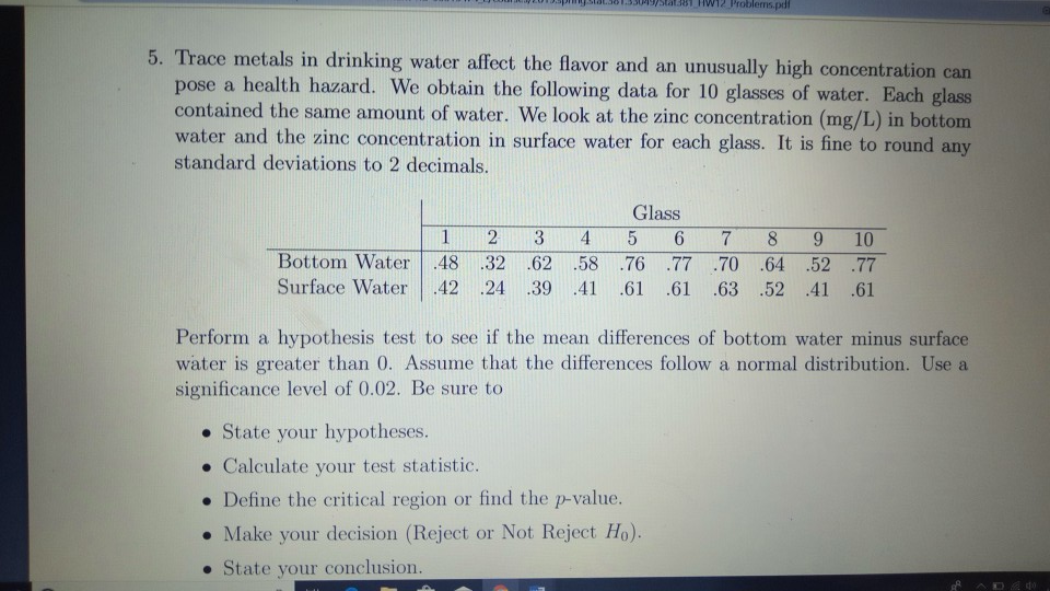 Solved 5. Trace metals in drinking water affect the flavor | Chegg.com