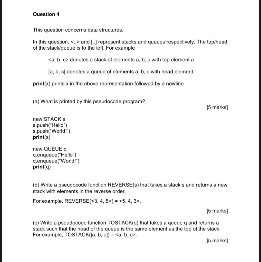 Solved Question 4 This question concerns data structures. In | Chegg.com