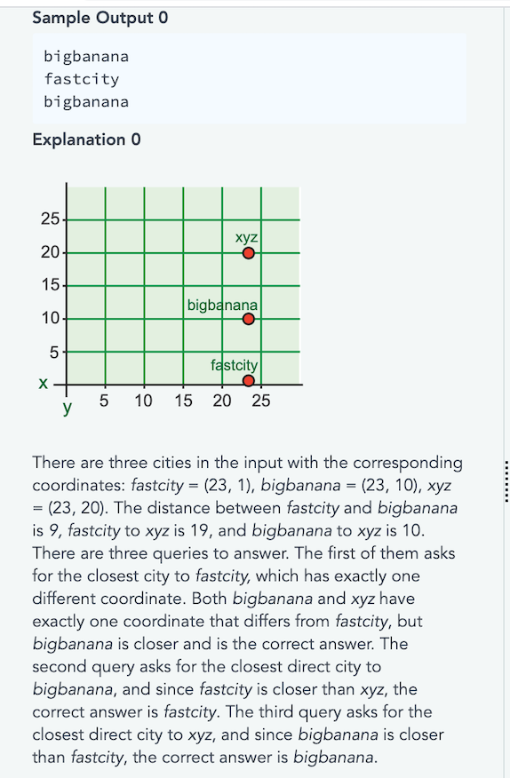 Sample Output 0 bigbanana fastcity bigbanana Explanation 0 bigbanana fastcity V 5 10 15 20 25 There are three cities in the i