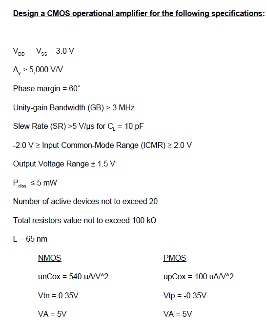 Design a CMOS operational amplifier for the following | Chegg.com