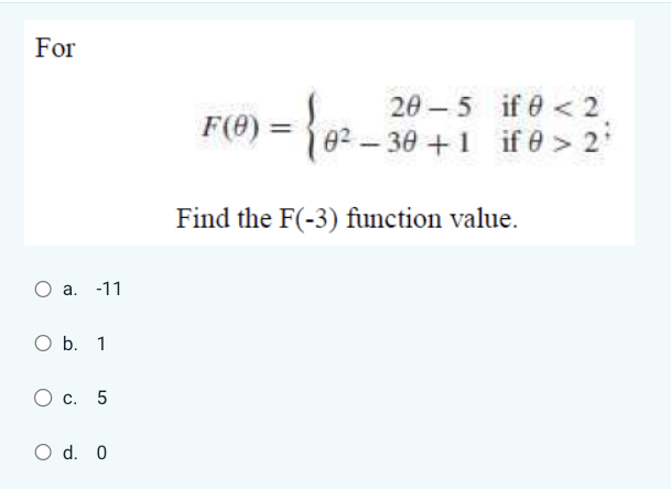 Solved For F(θ)={2θ−5θ2−3θ+1 if θ 2 Find the F(−3) | Chegg.com