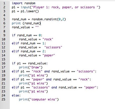 import random solved 1 import . random; 2 import ... Solved 1 import random 2 p1input("Player 1: rock, paper, or | Chegg.com