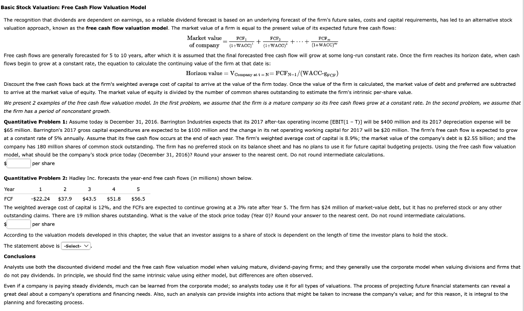 Solved Basic Stock Valuation: Free Cash Flow Valuation Model | Chegg.com