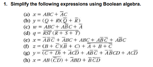 Solved 1. Simplify The Following Expressions Using Boolean | Chegg.com