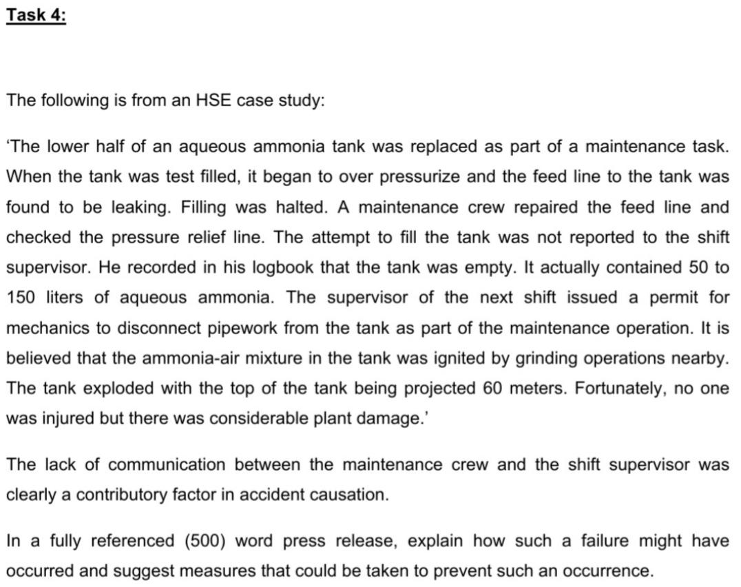 Solved Task 4: The following is from an HSE case study: 'The | Chegg.com