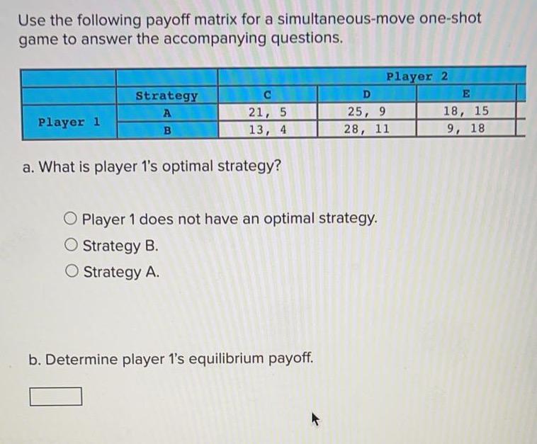 Solved Use The Following Payoff Matrix For A | Chegg.com