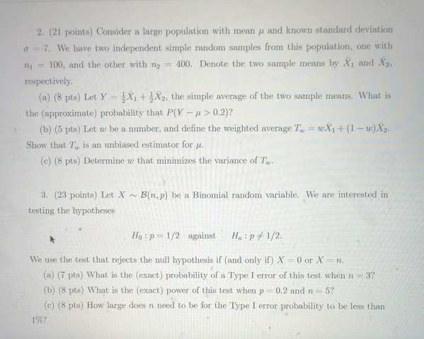 Solved 2. (21 points) Consider a large population with mean | Chegg.com