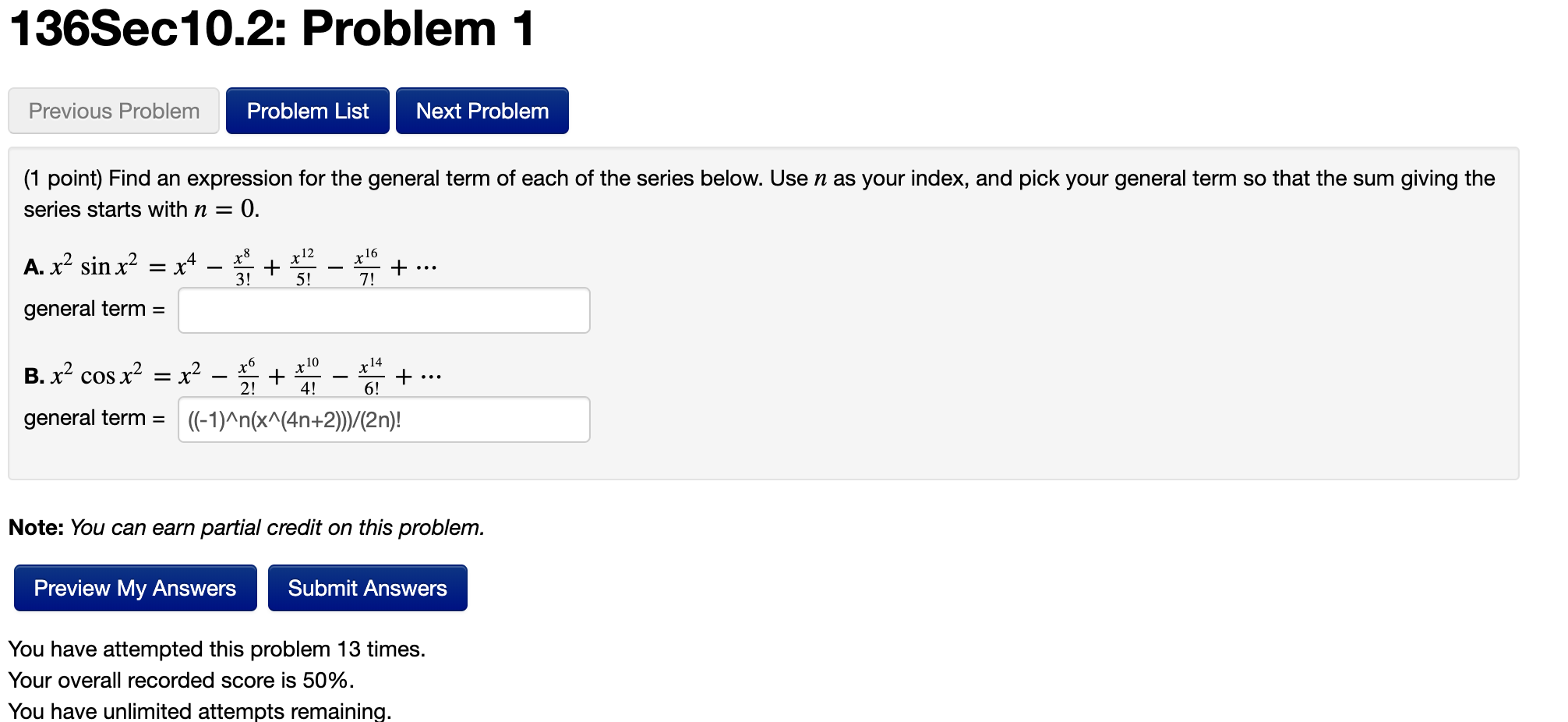 Solved 136Sec10.2: Problem 1 Previous Problem Problem List | Chegg.com