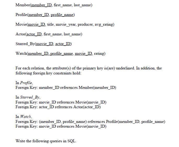 Member(member_ID first_name, last_name) Profile(member_ID profile_name) Movie(movie_ID title, movie_year, producer, avg_ratin