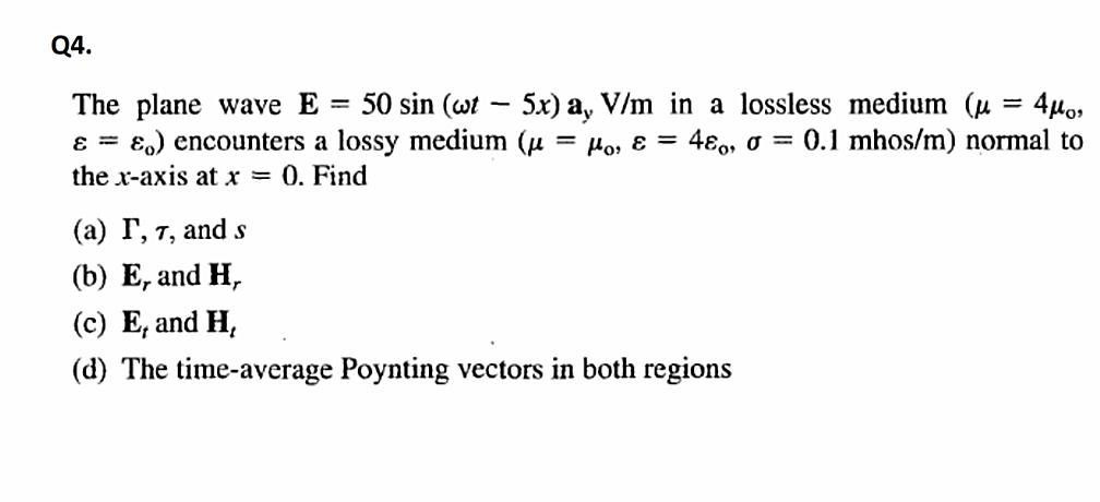 Solved The plane wave E=50sin(ωt−5x)ay V/m in a lossless | Chegg.com