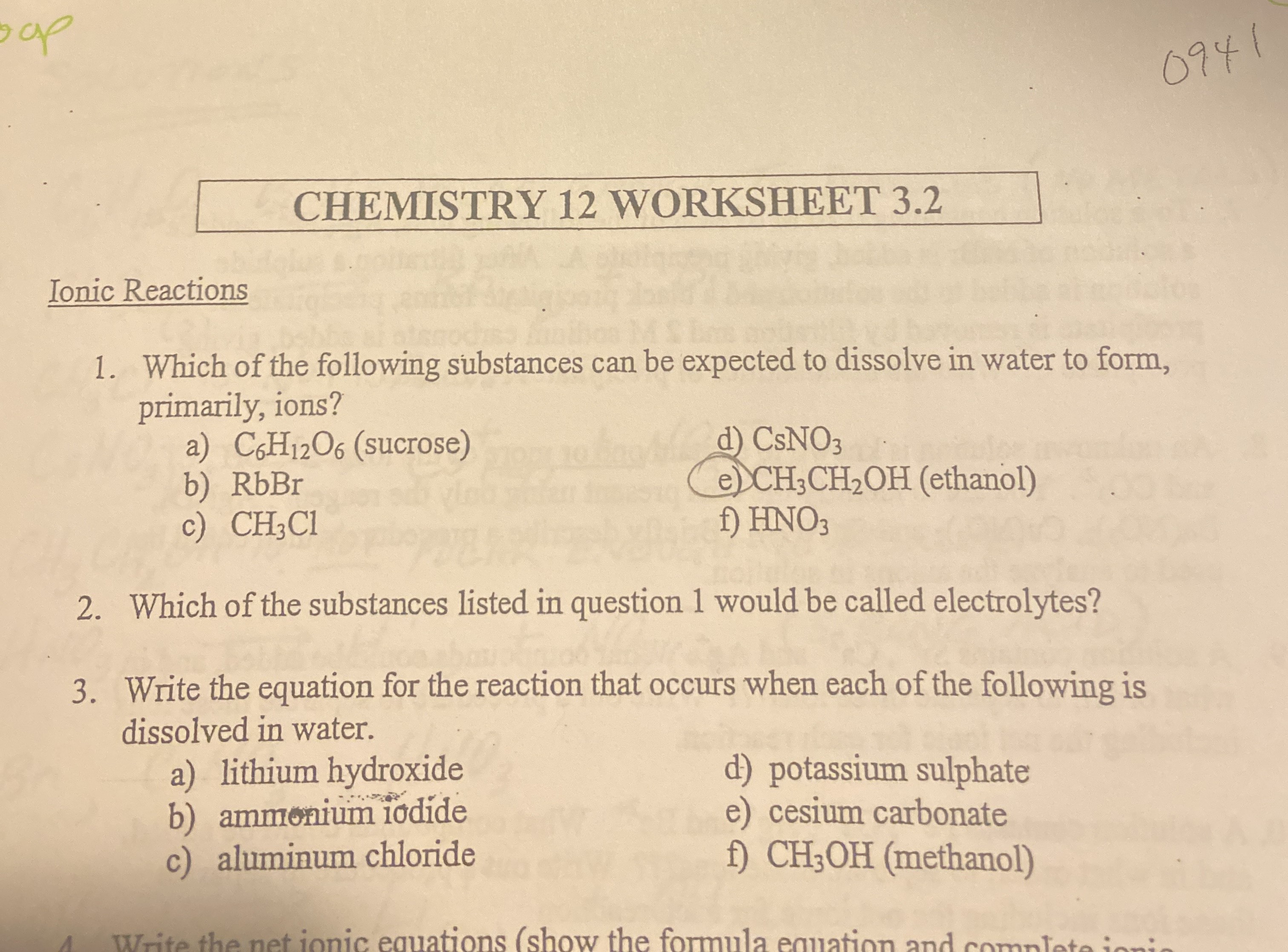 Solved CHEMISTRY 12 WORKSHEET 3.2 onic Reactions 1. Which of | Chegg.com