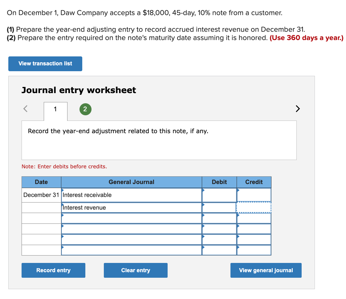Solved On December 1, Daw Company accepts a $18,000,45− day 