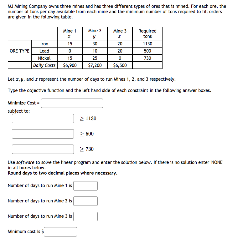 Solved MJ Mining Company Owns Three Mines And Has Three | Chegg.com