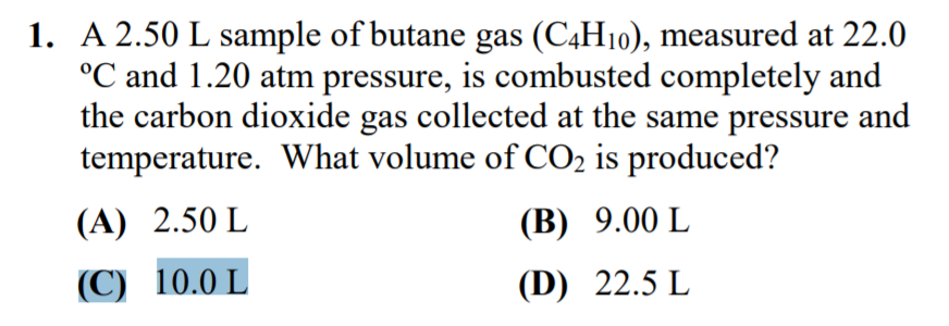 Solved 1. A 2.50 L sample of butane gas (C4H10), measured at | Chegg.com