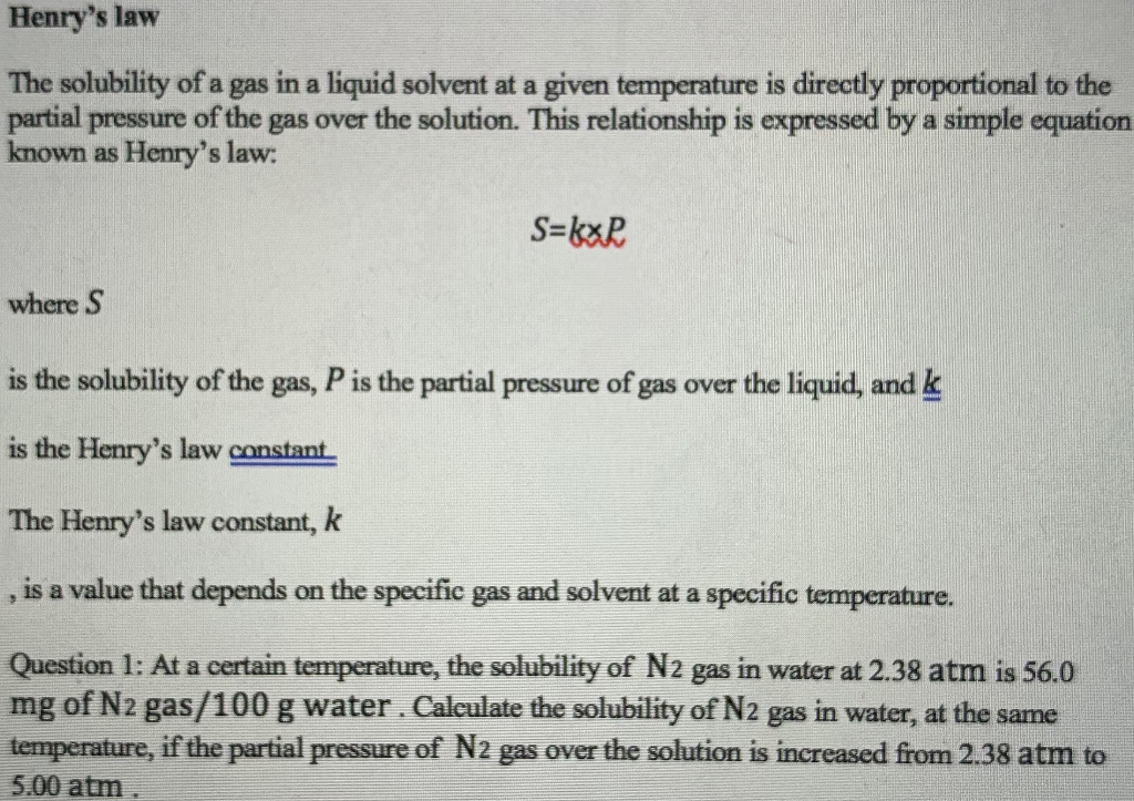 Solved Henry's Law The Solubility Of A Gas In A Liquid | Chegg.com