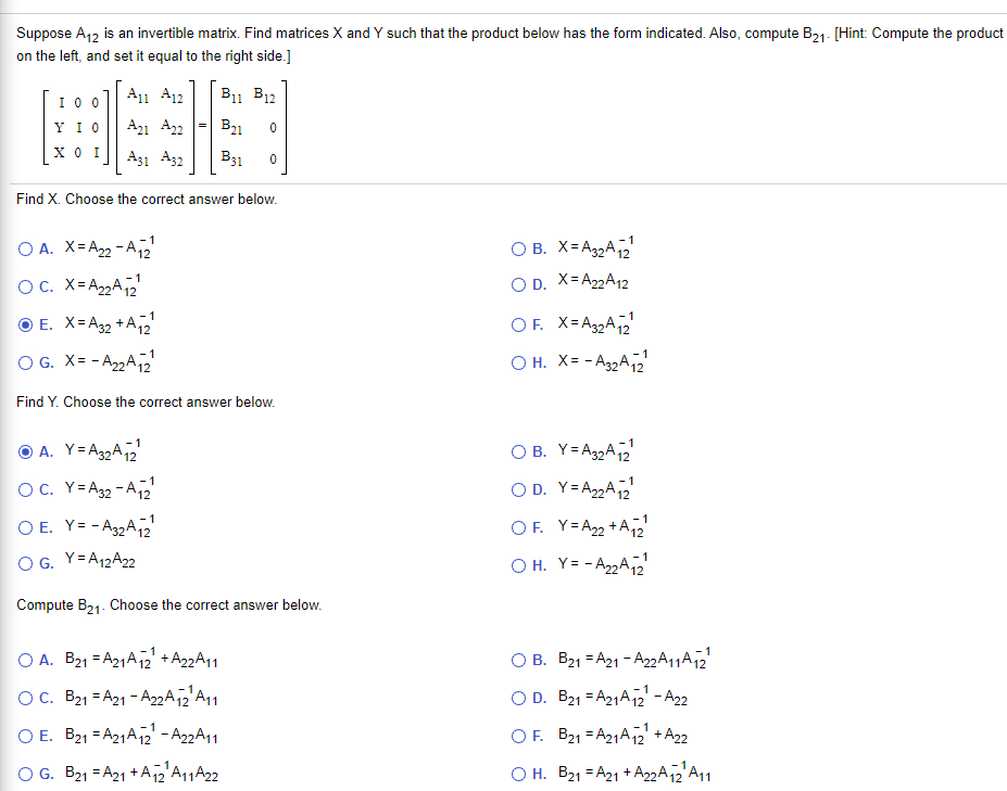 Solved Suppose A12 Is An Invertible Matrix. Find Matrices X | Chegg.com