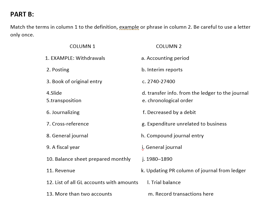 Solved PART B: Match The Terms In Column 1 To The | Chegg.com