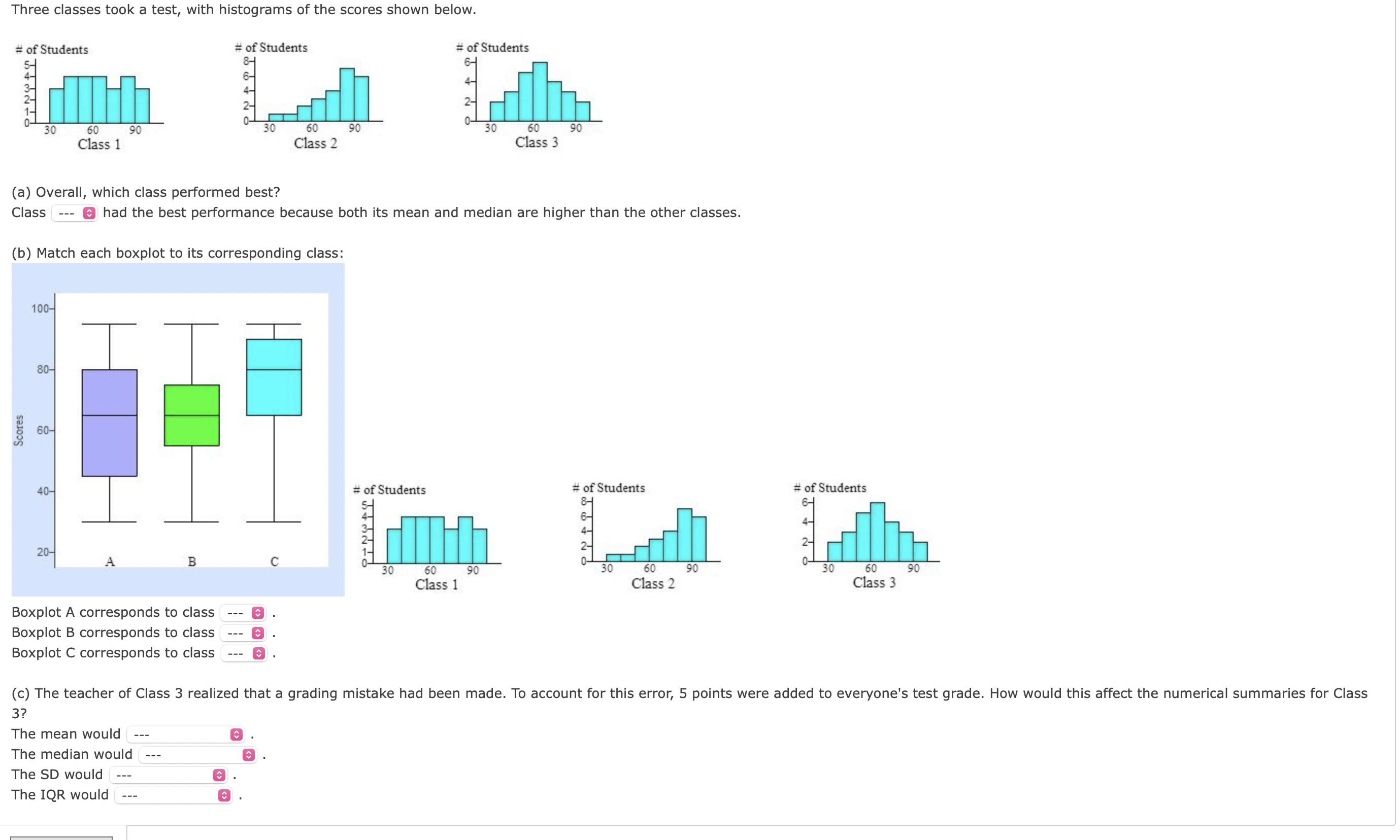 Solved Three classes took a test, with histograms of the | Chegg.com