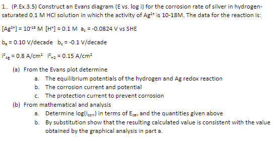 Solved 1.. (P.Ex.3.5) Construct an Evans diagram (E vs. log | Chegg.com