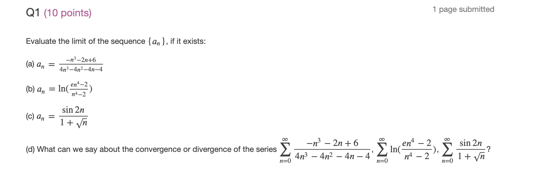 Solved Q1 10 Points 1 Page Submitted Evaluate The Limit Of