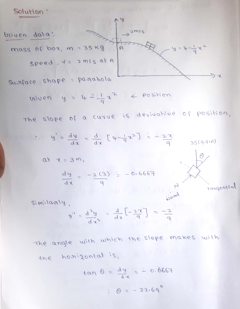 Solution Tiven data 2mIs Masd Spp box, m 35 Kg A Speed, v=2 MIS at A Susiface shape pa1abola iven POSIH om 4 I derivahue Of p